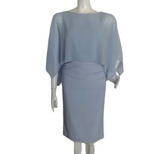HALSTON HERITAGE Dress, 2, Light Blue, Sleeveless w/Scarf overlay, Ruched